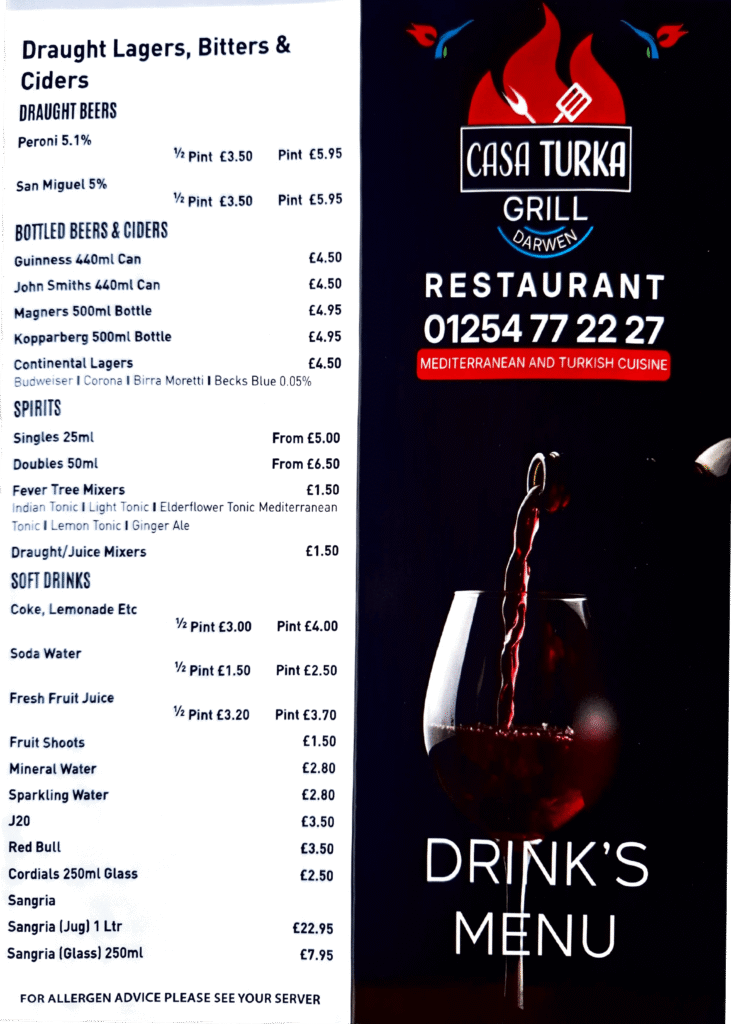 Drinks menu page 1
